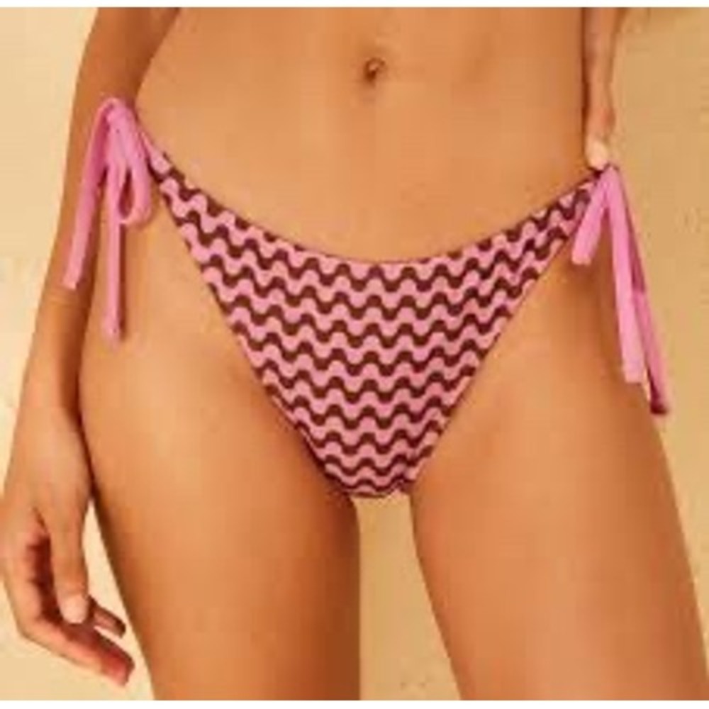 Wild Fable Pink Brown Wavy‎ Print Side Tie Bikini Bottoms Low Rise Cheeky Medium